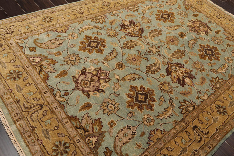 6'2" x 8'11" Hand Knotted Agra 100% New Zealand Wool Muted Area Rug Aqua