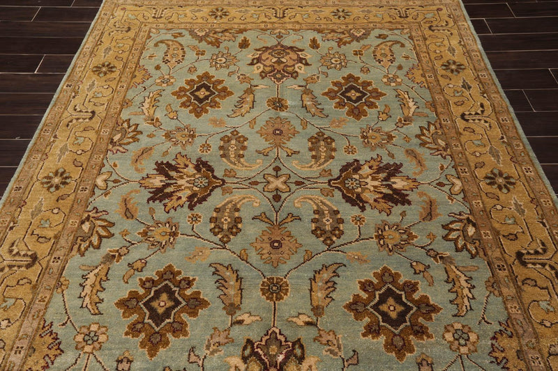 6'2" x 8'11" Hand Knotted Agra 100% New Zealand Wool Muted Area Rug Aqua