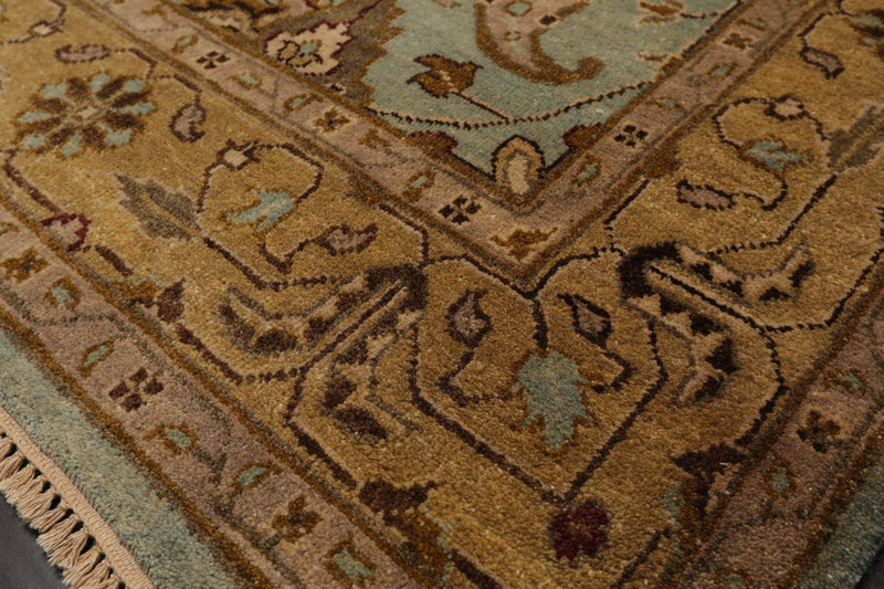 6'2" x 8'11" Hand Knotted Agra 100% New Zealand Wool Muted Area Rug Aqua