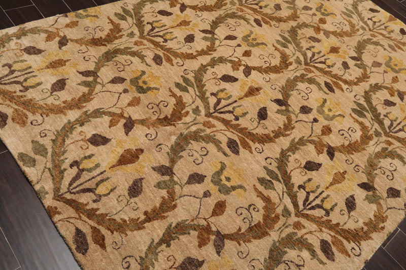 5'11" x 8'10" Hand Knotted Botanical New Zealand Wool Oriental Area Rug Tan