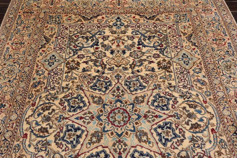 6'8'' x 9'3'' Hand Knotted Wool & Silk Nain 200 KPSI Oriental Area Rug Ivory