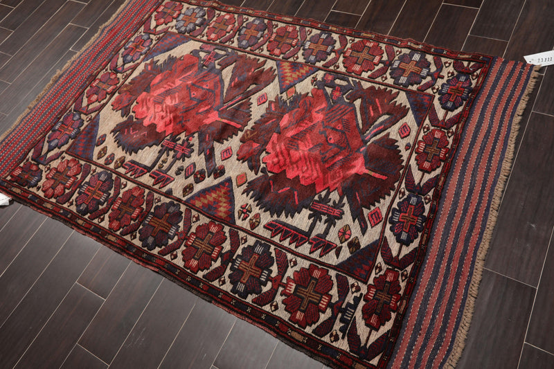 4'2" x 6'4" Antique Hand Knotted Wool High low Pile Oriental Area Rug Beige