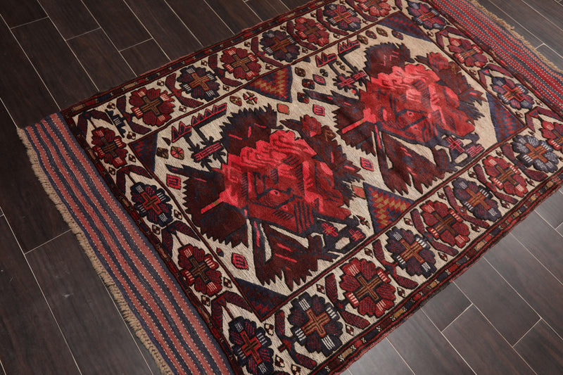 4'2" x 6'4" Antique Hand Knotted Wool High low Pile Oriental Area Rug Beige