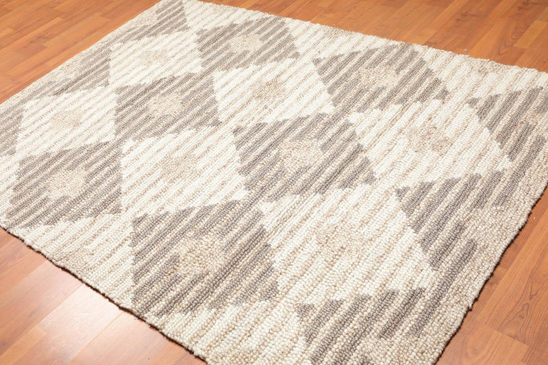 5'4" x 7'6" Handmade Geometric print Wool Loop Pile Area Rug Contemporary Beige