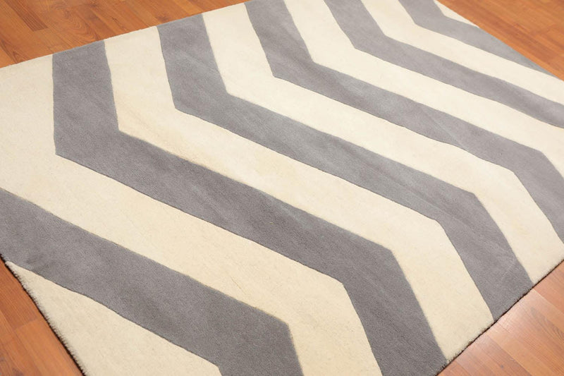 5'4"x7'6" Handmade Graphic Wool Traditional Oriental Area Rug Contemporary Ivory