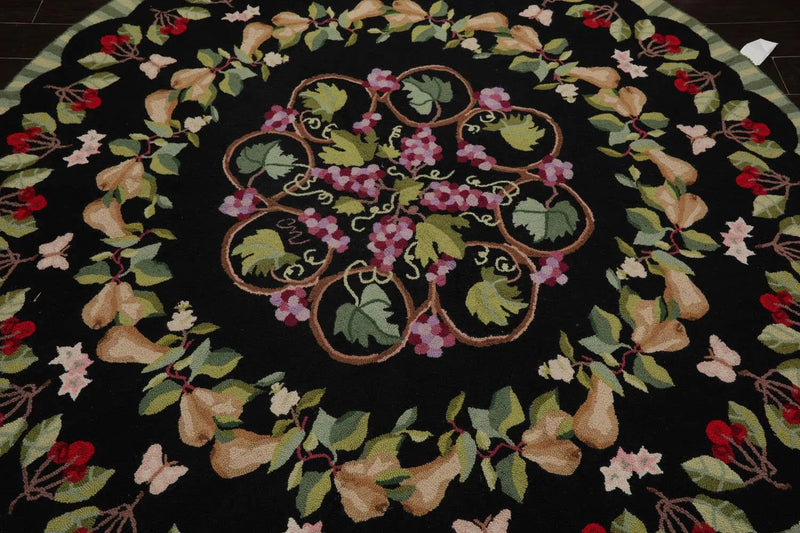 8' x 8' Round Hand Hooked 100% Wool Traditional Oriental Area Rug Black