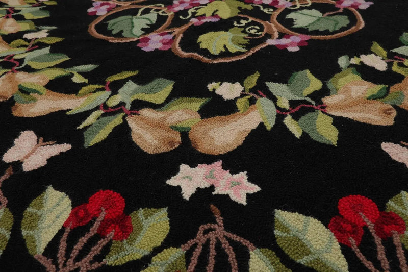 8' x 8' Round Hand Hooked 100% Wool Traditional Oriental Area Rug Black