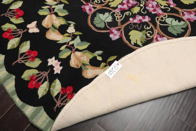 8' x 8' Round Hand Hooked 100% Wool Traditional Oriental Area Rug Black