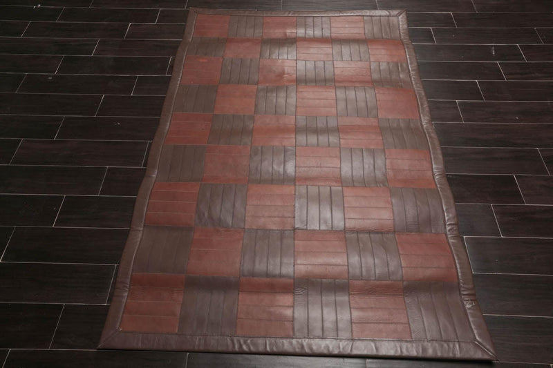 4'4"x6'3" Designer Handmade Leather Modern Flatweave Area Rug Brown