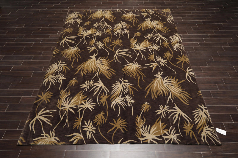 9' x 12'Tibetan Hand Knotted Botanical Designer Wool Modern Area Rug Coffee
