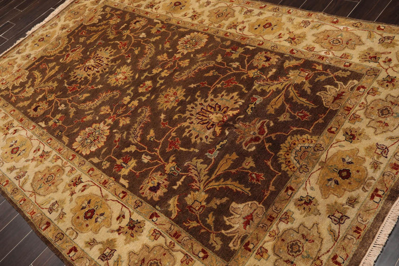 6'1" x 9'5" Hand Knotted Agra 100% New Zealand Wool Oriental Area Rug Brown