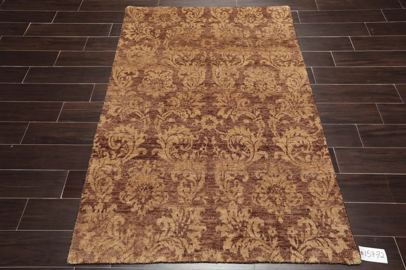 4'x5'10'' Hand Knotted Damask Indo-Tibetan New Zealand Wool Area Rug Tan