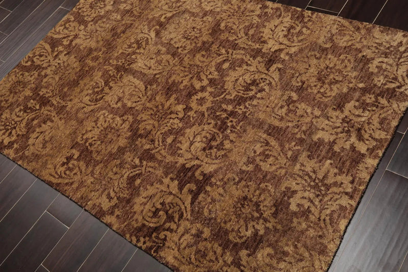 4'x5'10'' Hand Knotted Damask Indo-Tibetan New Zealand Wool Area Rug Tan
