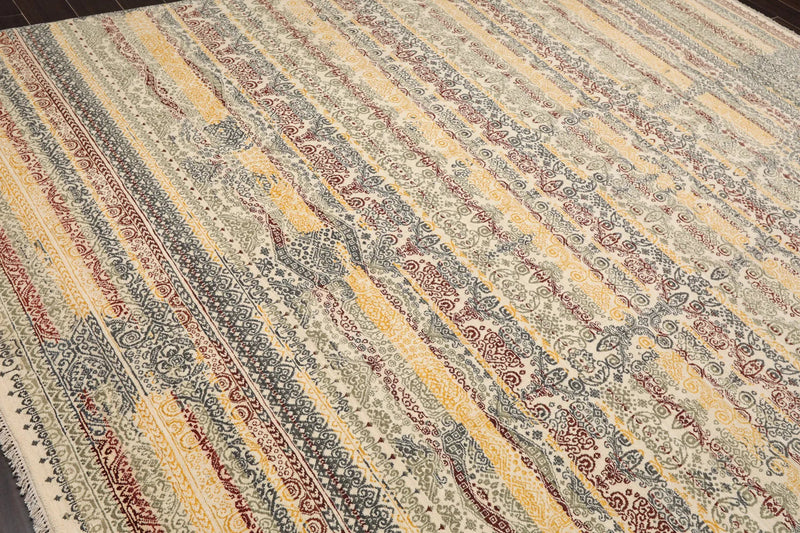 8x10 Ivory, Blue Hand Knotted 100% Wool Peshawar Transitional Oriental Area Rug