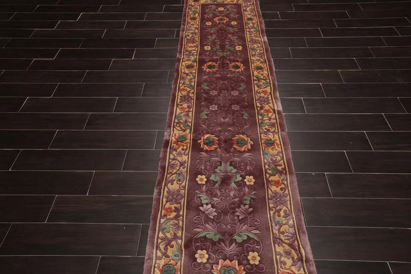 2'1''x10'  Runner Aubergine Hand-Knotted Traditional Thick Pile French Aubusson 100% Wool Oriental Area Rug