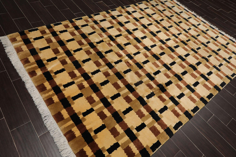 6'9" x 9'3"Hand Knotted Wool Tibetan Oriental Area Rug Modern Contemporary Beige