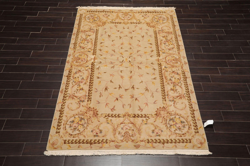 5'9" x 8'9" Hand Knotted 300KPSI Wool & silk Aubusson Savonnerie Area Rug Beige
