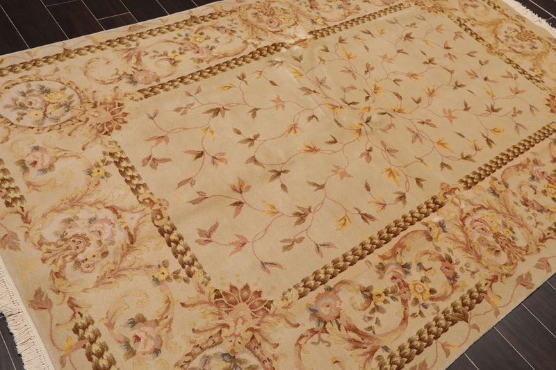 5'9" x 8'9" Hand Knotted 300KPSI Wool & silk Aubusson Savonnerie Area Rug Beige