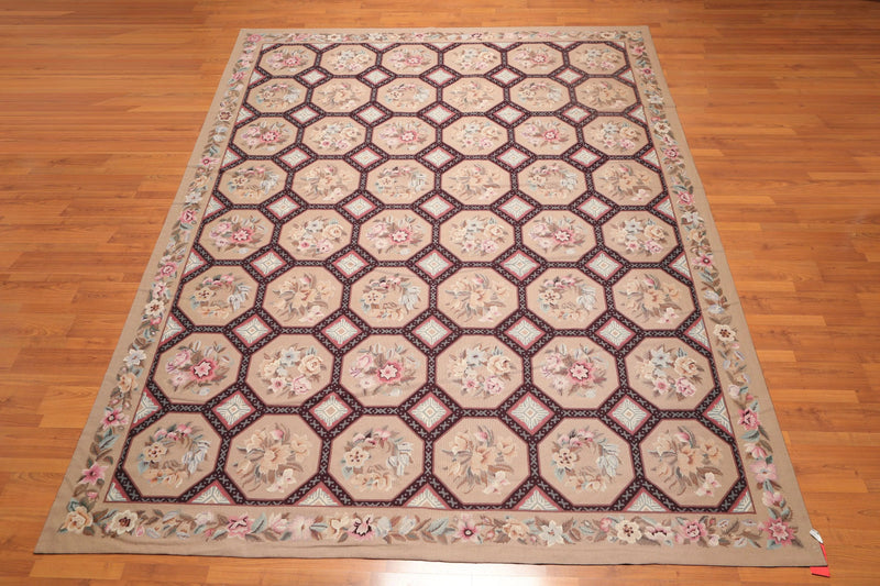 9' x 12' Hand Woven Floral 100% Wool French Needlepoint Area Rug Tan