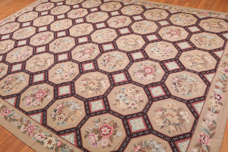 9' x 12' Hand Woven Floral 100% Wool French Needlepoint Area Rug Tan