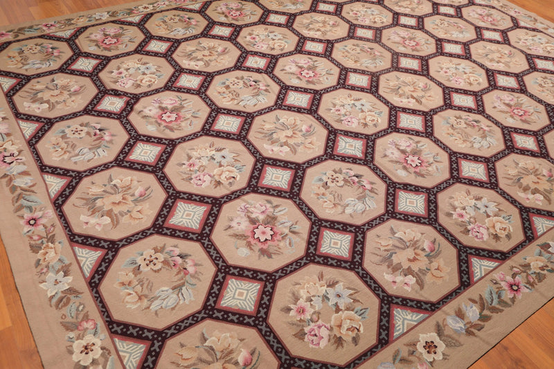 9' x 12' Hand Woven Floral 100% Wool French Needlepoint Area Rug Tan