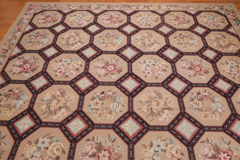 9' x 12' Hand Woven Floral 100% Wool French Needlepoint Area Rug Tan