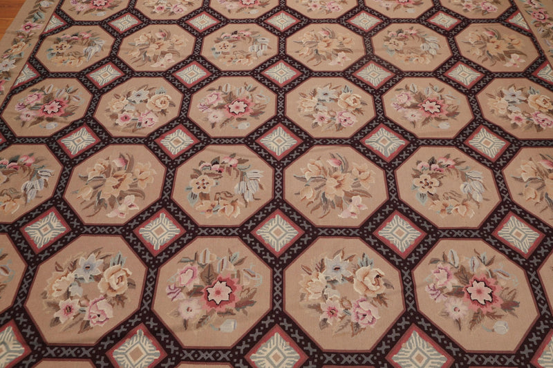 9' x 12' Hand Woven Floral 100% Wool French Needlepoint Area Rug Tan