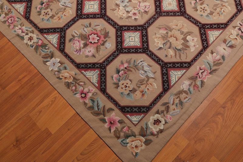 9' x 12' Hand Woven Floral 100% Wool French Needlepoint Area Rug Tan