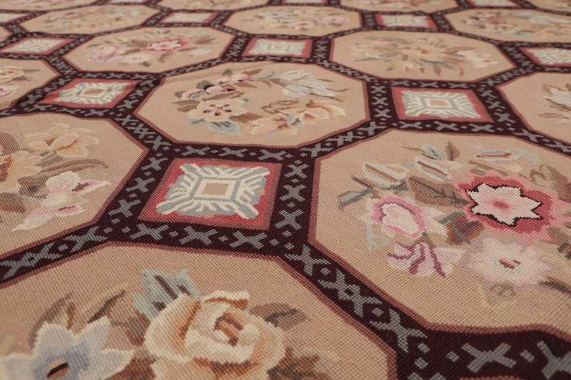 9' x 12' Hand Woven Floral 100% Wool French Needlepoint Area Rug Tan
