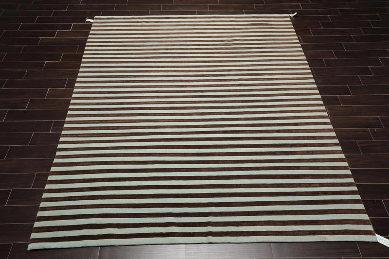 8' x 10' Hand Knotted Tibetan Wool & Silk Stripes Area Rug Brown Seafoam