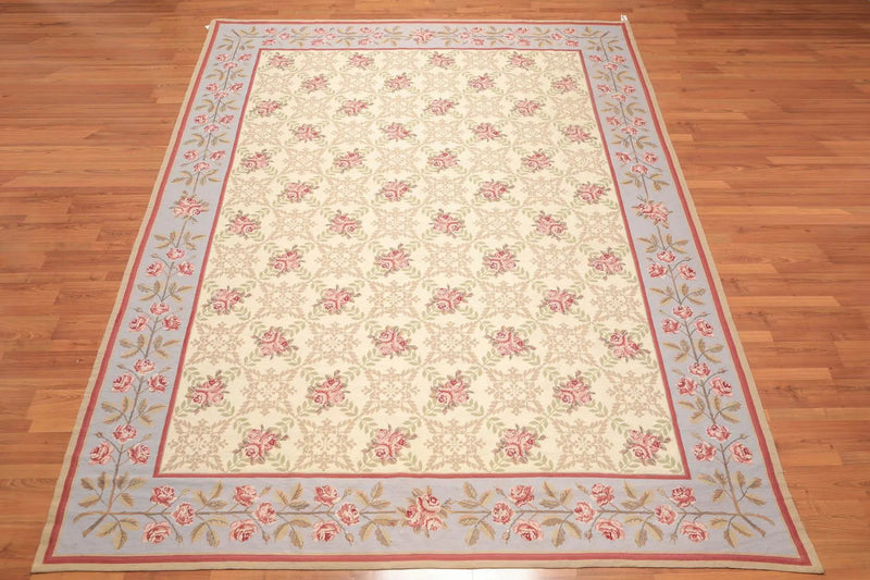 9' x 12' Hand Woven Floral Trellis Wool French Needlepoint Area Rug Gold