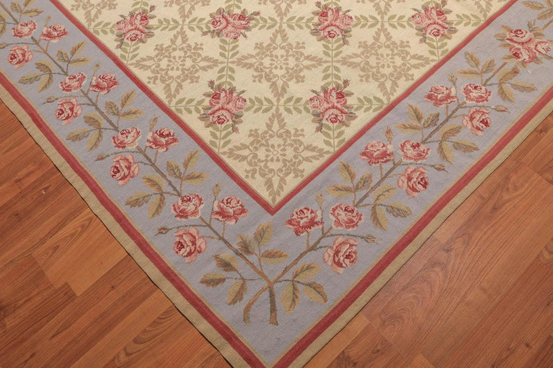 9' x 12' Hand Woven Floral Trellis Wool French Needlepoint Area Rug Gold