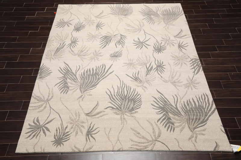 8' x 10' Hand Knotted Tibetan Wool Floral Transitional Area Rug Oatmeal Gray