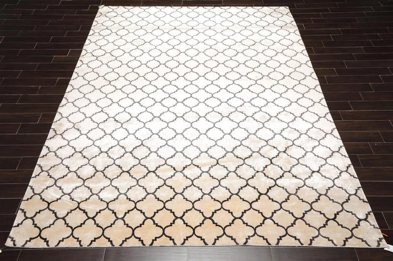 9' x 12' Hand Knotted Tibetan Viscose Quatrefoil Modern Oriental Area Rug Ivory