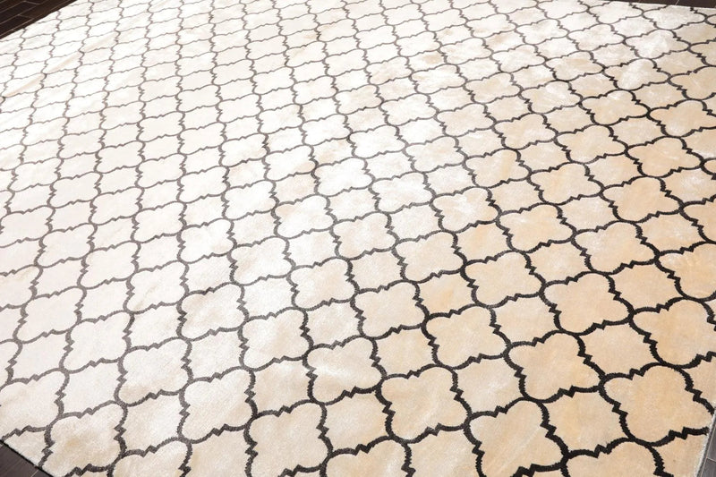 9' x 12' Hand Knotted Tibetan Viscose Quatrefoil Modern Oriental Area Rug Ivory