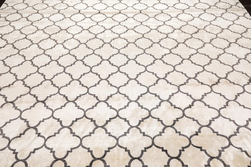 9' x 12' Hand Knotted Tibetan Viscose Quatrefoil Modern Oriental Area Rug Ivory