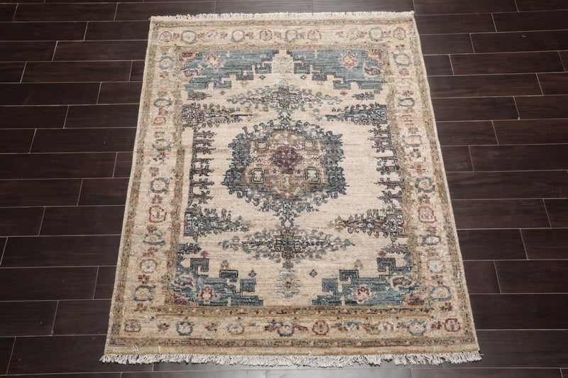 5'2"x6'1" Hand Knotted 100% Wool Muted Turkish Oushak Traditional Oriental Area Rug Beige, Blue Color