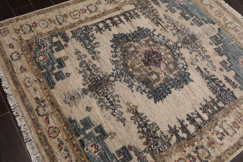 5'2"x6'1" Hand Knotted 100% Wool Muted Turkish Oushak Traditional Oriental Area Rug Beige, Blue Color