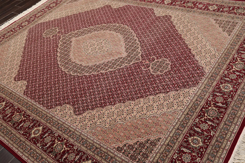 8x10 Red, Beige Hand Knotted Wool and Silk Fish Mahi Traditional 250 KPSI Oriental Area Rug