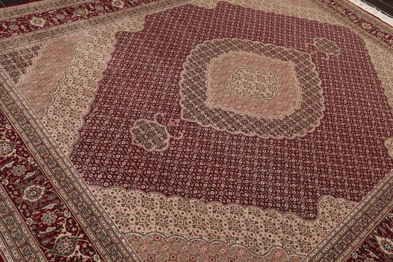 8x10 Red, Beige Hand Knotted Wool and Silk Fish Mahi Traditional 250 KPSI Oriental Area Rug