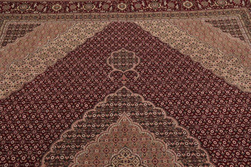 8x10 Red, Beige Hand Knotted Wool and Silk Fish Mahi Traditional 250 KPSI Oriental Area Rug