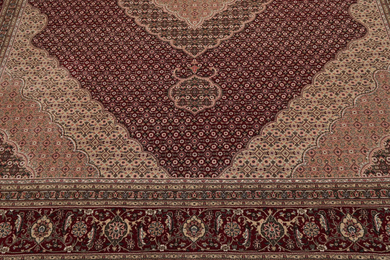 8x10 Red, Beige Hand Knotted Wool and Silk Fish Mahi Traditional 250 KPSI Oriental Area Rug