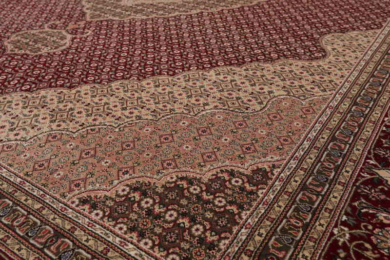 8x10 Red, Beige Hand Knotted Wool and Silk Fish Mahi Traditional 250 KPSI Oriental Area Rug