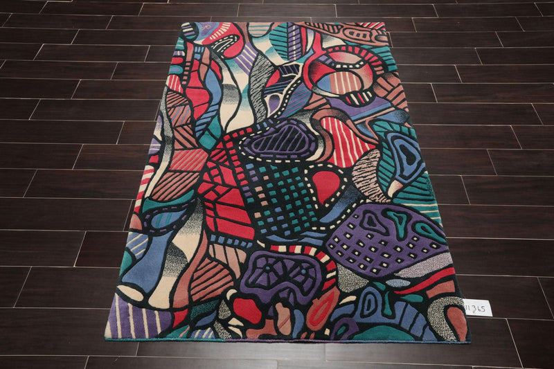 3'9" x 5'9" Hand Knotted Art Deco Mid Century Modern Wool Tibetan Area Rug Blue