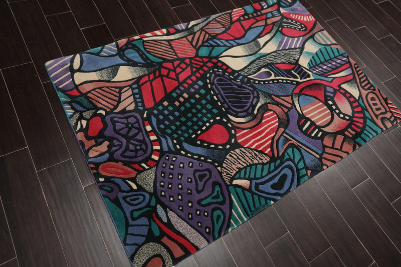 3'9" x 5'9" Hand Knotted Art Deco Mid Century Modern Wool Tibetan Area Rug Blue