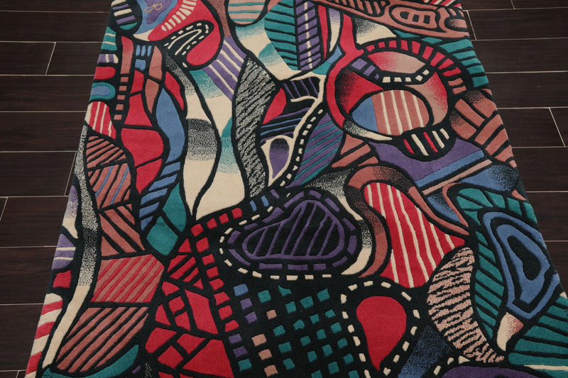 3'9" x 5'9" Hand Knotted Art Deco Mid Century Modern Wool Tibetan Area Rug Blue