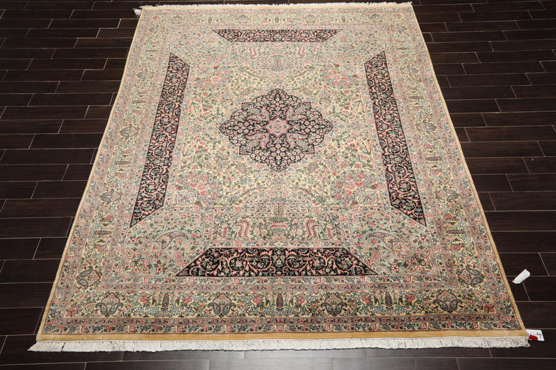 8'1"x 10'3" Hand Knotted Wool PakPersian 300 KPSI Area Rug Ivory Black Aqua