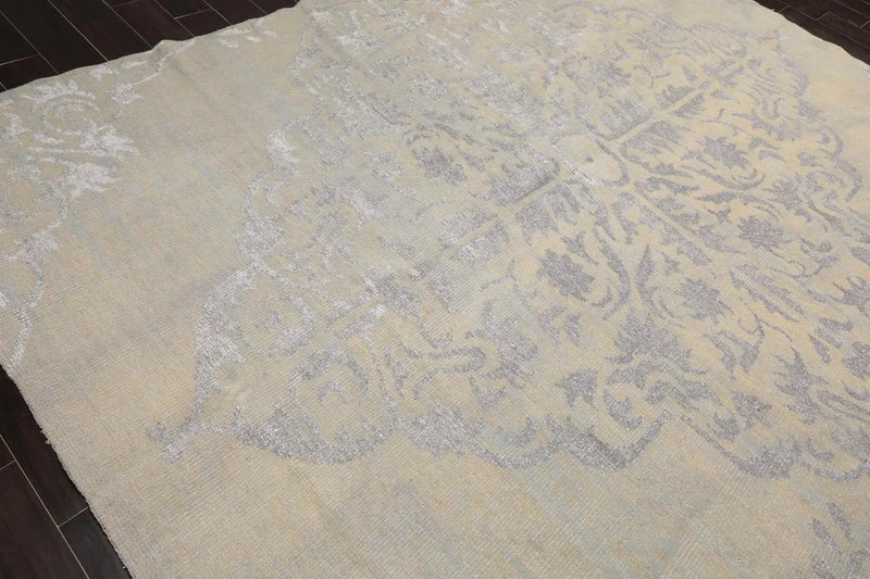 8' x 1'0 Hand Knotted Wool and Viscose Jaipur Medallion Oushak Transitional Oriental Area Rug Gray Beige, Taupe Color