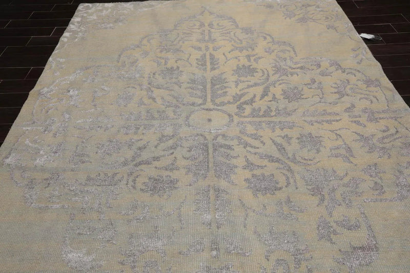8' x 1'0 Hand Knotted Wool and Viscose Jaipur Medallion Oushak Transitional Oriental Area Rug Gray Beige, Taupe Color