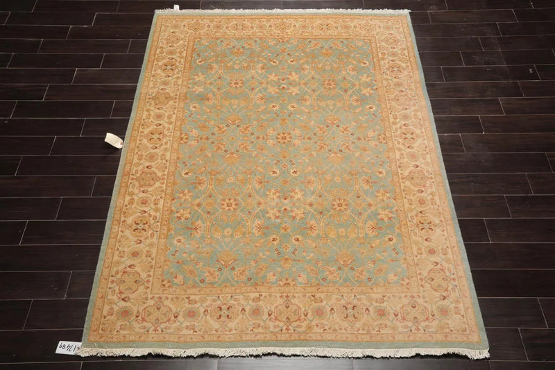 6' 1''x8' Hand Knotted 100% Wool Agra Traditional 250 KPSI Oriental Area Rug Aqua, Beige Color